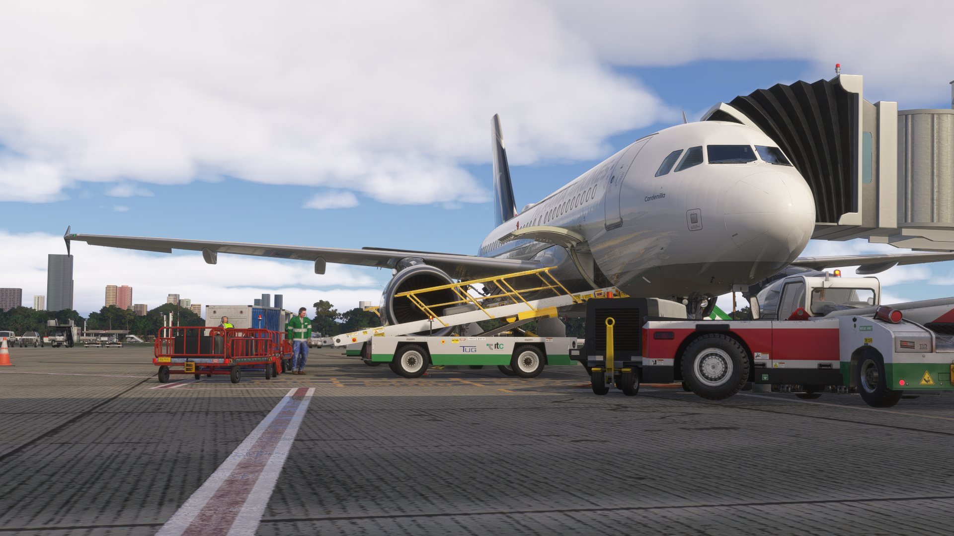 Airbus A319 Cardenilla de Roraima Airlines en puerta, con tripulación de tierra